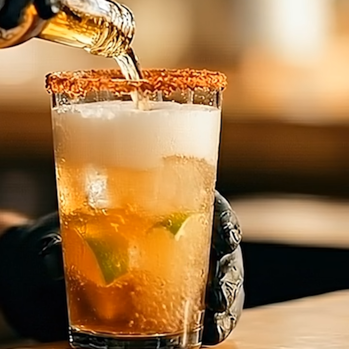 Michelada con escarchado de chile y limón, servida en el carrito de Los Zapiens